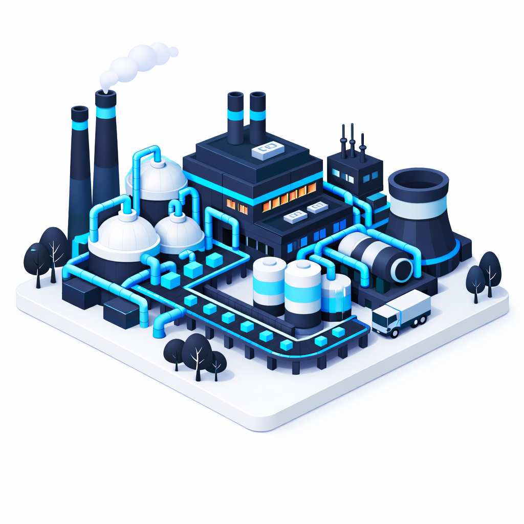 Illustration of an industrial site — refineries, tanks, piping, and transport