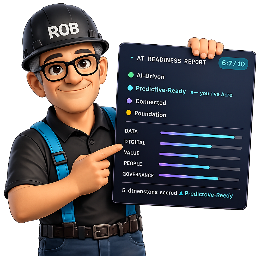 Rob, the Rob Reliability AI assistant, presenting an AI readiness report