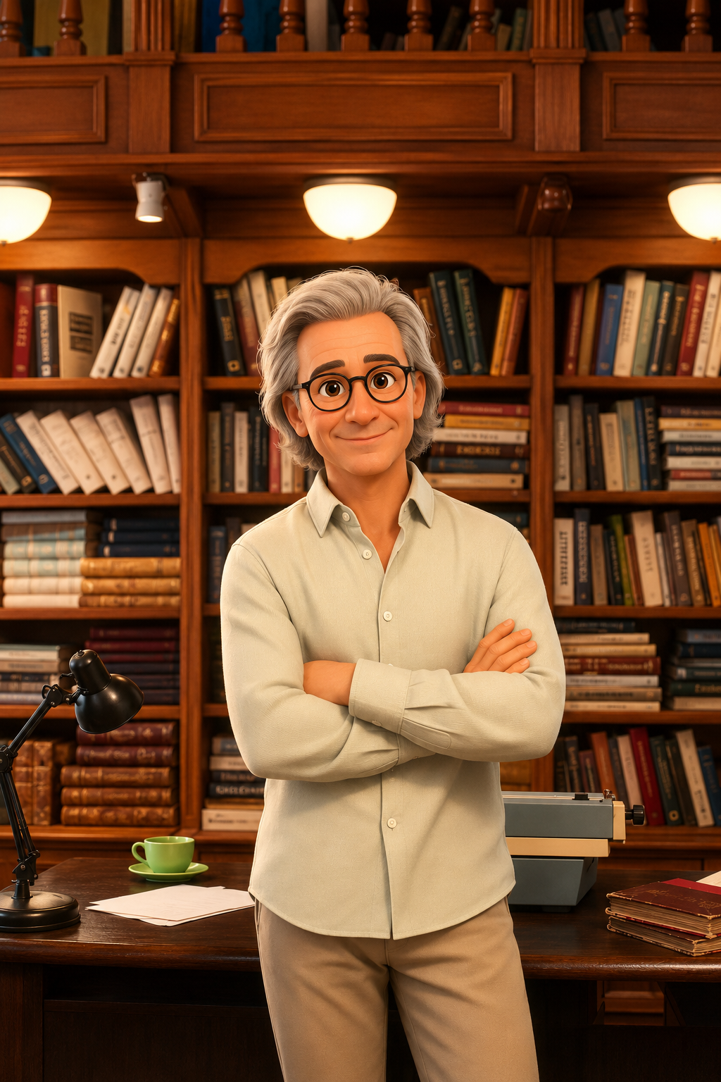 A librarian standing, arms crossed, in front of full bookshelves and a reading desk