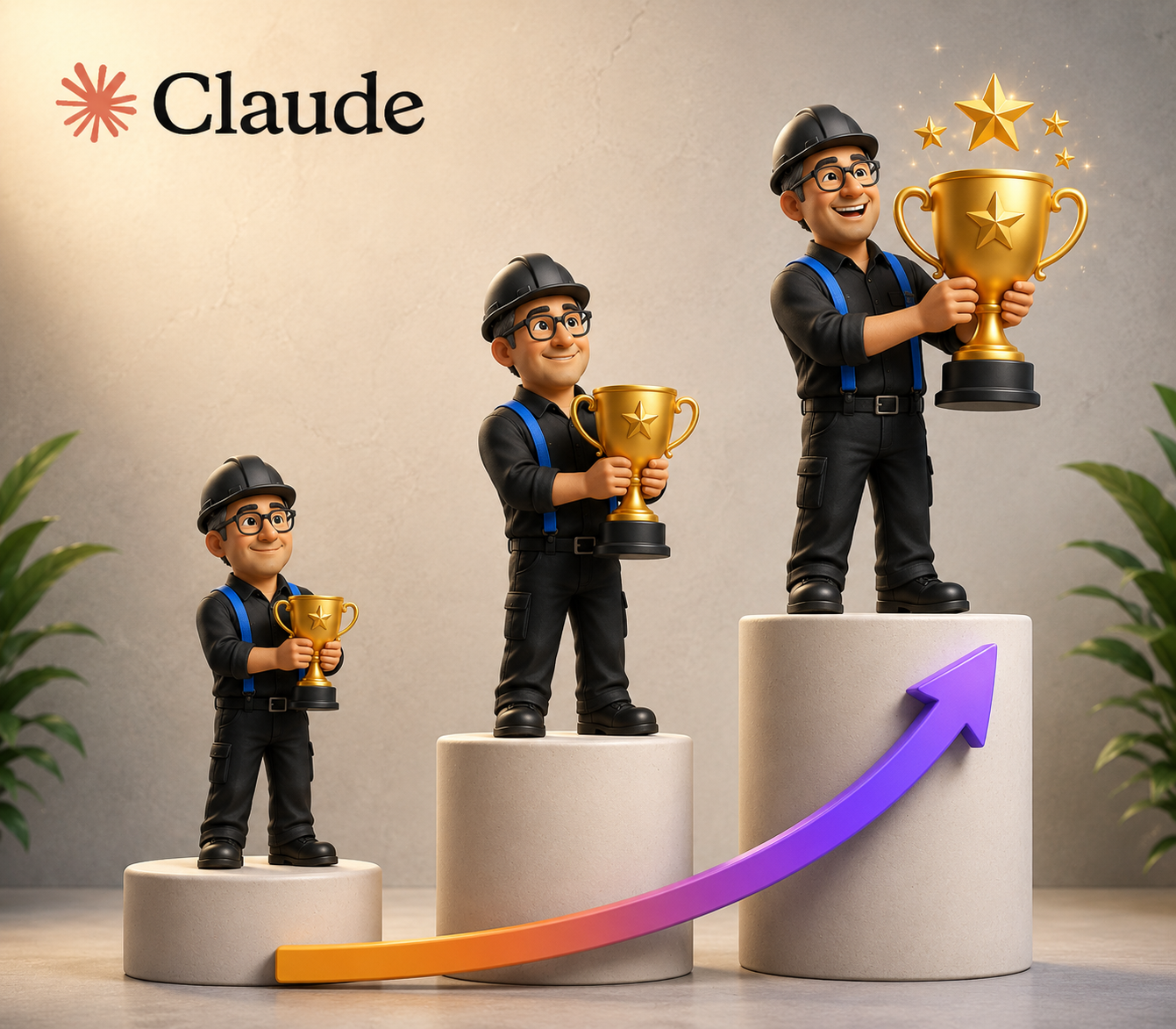 The three levels of FMECA with AI - amateur, intermediate, expert - shown as trophies on ascending podiums with a rising arrow